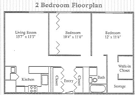 Floor plan for 2 beds, 1 bath, 960 sqft